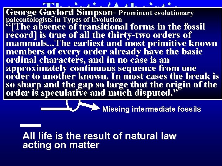 Theistic/Atheistic Evolution George Gaylord Simpson- Prominent evolutionary paleontologists in Types of Evolution “[The absence