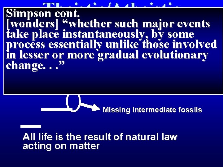 Theistic/Atheistic Simpson cont. [wonders] “whether such major events Evolution take place instantaneously, by some