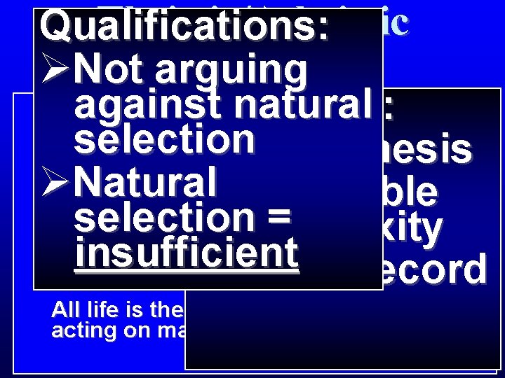 Theistic/Atheistic Qualifications: Evolution ØNot arguing against natural Problems: selection ØAbiogenesis ØNatural ØIrreducible selection =