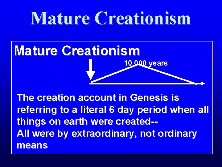 Mature Creationism 10, 000 years The creation account in Genesis is referring to a