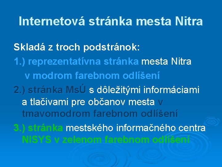 Internetová stránka mesta Nitra Skladá z troch podstránok: 1. ) reprezentatívna stránka mesta Nitra