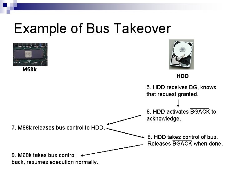 Example of Bus Takeover M 68 k HDD 5. HDD receives BG, knows that