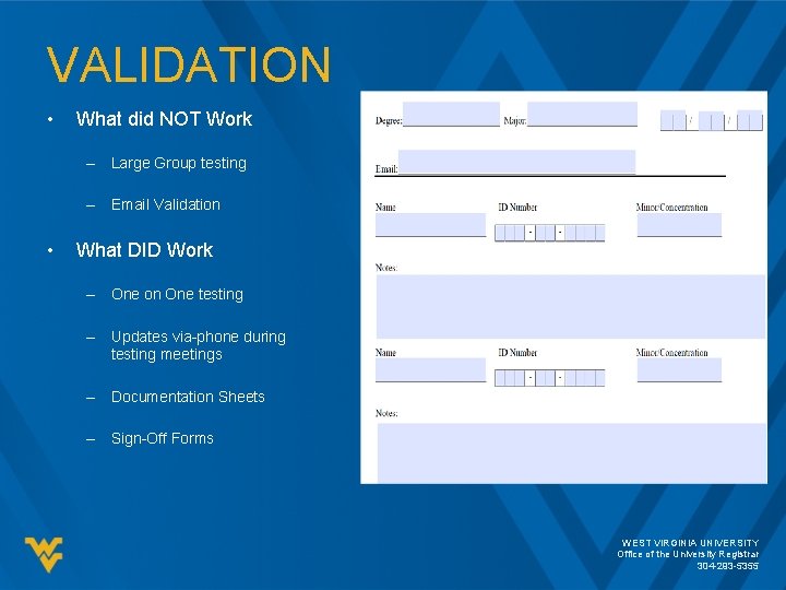 VALIDATION • What did NOT Work – Large Group testing – Email Validation • VALIDATION • What did NOT Work – Large Group testing – Email Validation •