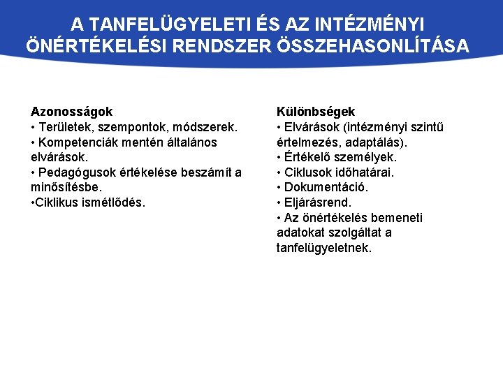 A TANFELÜGYELETI ÉS AZ INTÉZMÉNYI ÖNÉRTÉKELÉSI RENDSZER ÖSSZEHASONLÍTÁSA Azonosságok • Területek, szempontok, módszerek. •