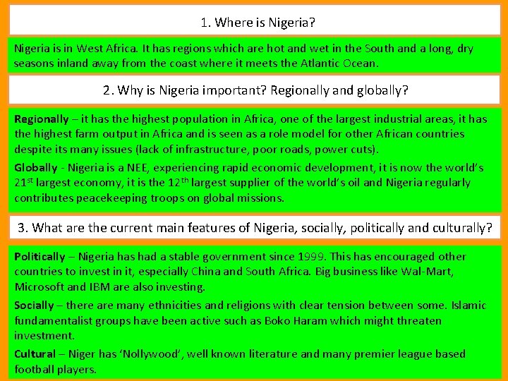 1. Where is Nigeria? Nigeria is in West Africa. It has regions which are