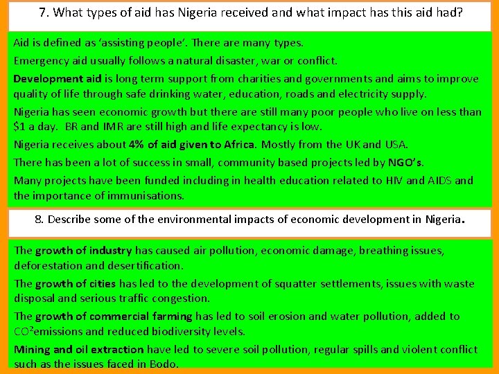 7. What types of aid has Nigeria received and what impact has this