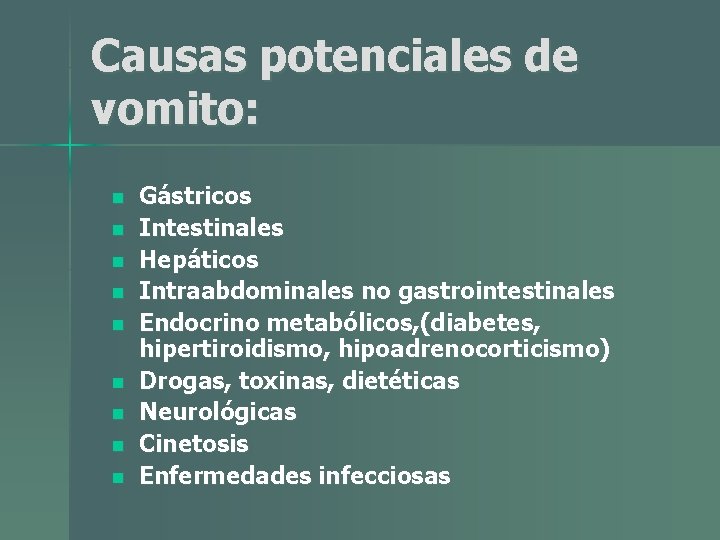 Causas potenciales de vomito: n n n n n Gástricos Intestinales Hepáticos Intraabdominales no Causas potenciales de vomito: n n n n n Gástricos Intestinales Hepáticos Intraabdominales no