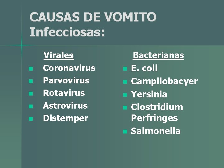 CAUSAS DE VOMITO Infecciosas: n n n Virales Coronavirus Parvovirus Rotavirus Astrovirus Distemper n CAUSAS DE VOMITO Infecciosas: n n n Virales Coronavirus Parvovirus Rotavirus Astrovirus Distemper n