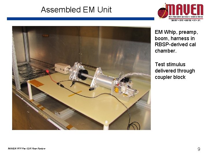 Assembled EM Unit EM Whip, preamp, boom, harness in RBSP-derived cal chamber. Test stimulus