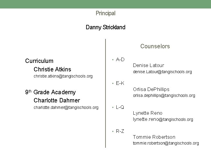 Principal Danny Strickland Counselors Curriculum Christie Atkins • A-D Denise Latour denise. Latour@tangischools. org Principal Danny Strickland Counselors Curriculum Christie Atkins • A-D Denise Latour denise. Latour@tangischools. org