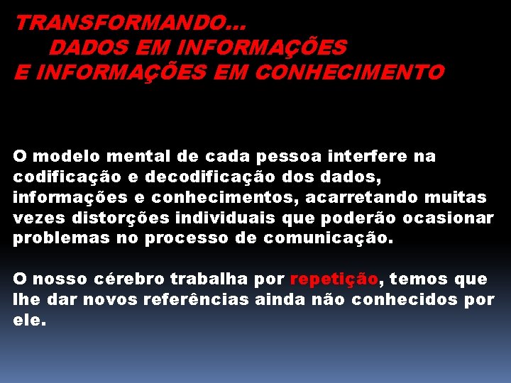 TRANSFORMANDO. . . DADOS EM INFORMAÇÕES EM CONHECIMENTO O modelo mental de cada pessoa