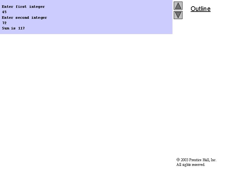 Enter first integer 45 Enter second integer 72 Sum is 117 Outline 2003 Prentice