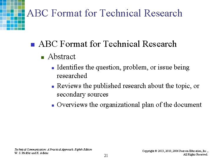 ABC Format for Technical Research n Abstract n n n Identifies the question, problem,