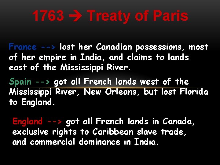 1763 Treaty of Paris France --> lost her Canadian possessions, most of her empire 1763 Treaty of Paris France --> lost her Canadian possessions, most of her empire