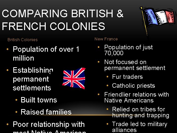 COMPARING BRITISH & FRENCH COLONIES British Colonies • Population of over 1 million • COMPARING BRITISH & FRENCH COLONIES British Colonies • Population of over 1 million •