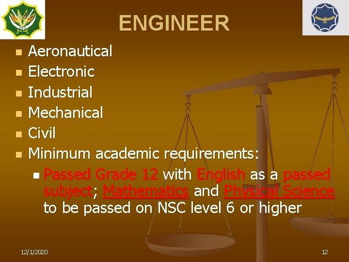 ENGINEER n n n Aeronautical Electronic Industrial Mechanical Civil Minimum academic requirements: n Passed