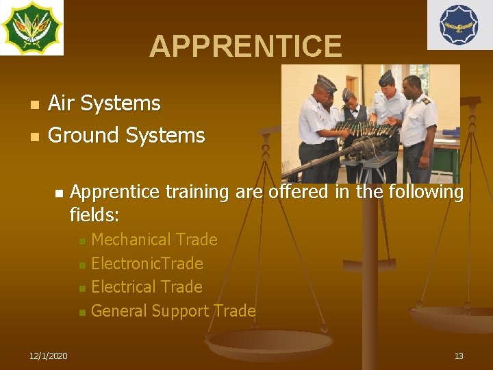 APPRENTICE n n Air Systems Ground Systems n Apprentice training are offered in the