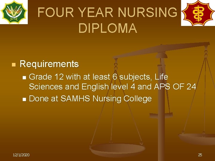 FOUR YEAR NURSING DIPLOMA n Requirements Grade 12 with at least 6 subjects, Life
