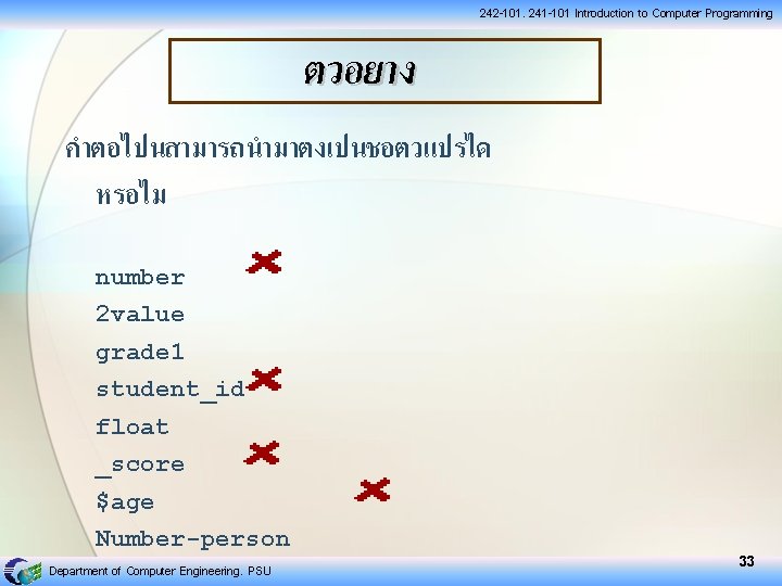 242 -101, 241 -101 Introduction to Computer Programming ตวอยาง คำตอไปนสามารถนำมาตงเปนชอตวแปรได หรอไม number 2 value