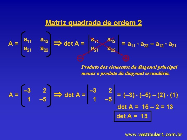 Matriz quadrada de ordem 2 a 11 A= a 21 a 12 a 22