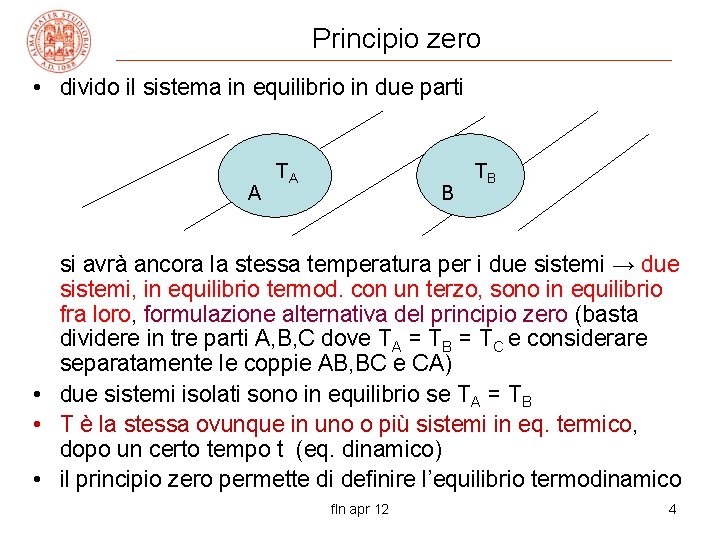 Principio zero • divido il sistema in equilibrio in due parti A TA B