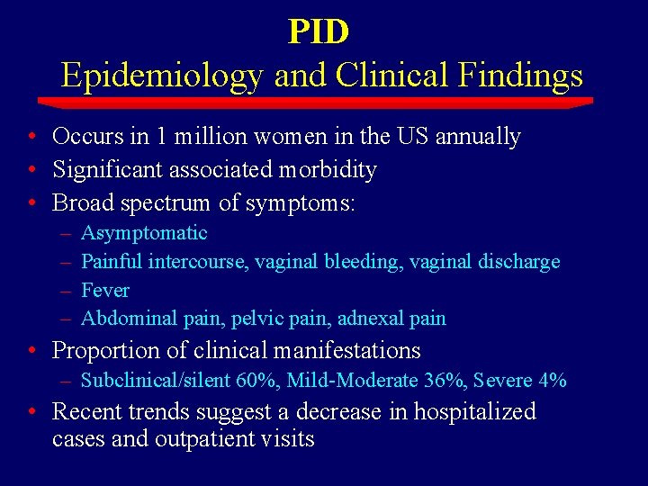 PID Epidemiology and Clinical Findings • Occurs in 1 million women in the US