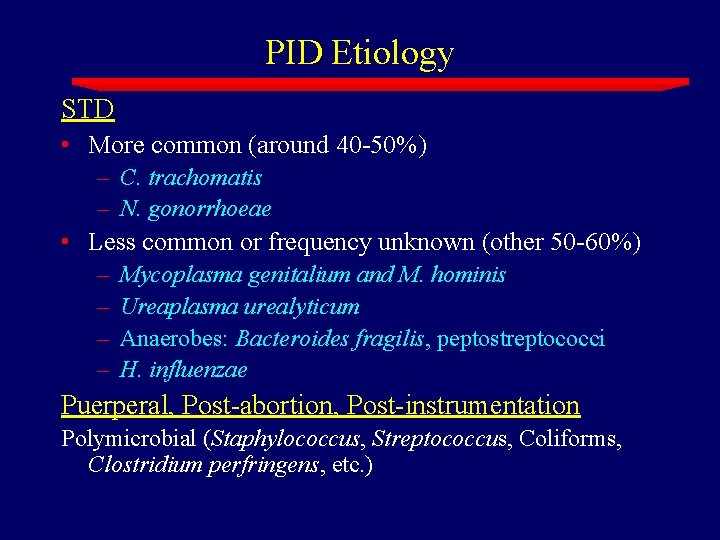 PID Etiology STD • More common (around 40 -50%) – C. trachomatis – N.