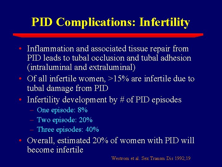 PID Complications: Infertility • Inflammation and associated tissue repair from PID leads to tubal