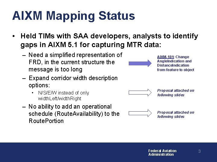AIXM Mapping Status • Held TIMs with SAA developers, analysts to identify gaps in AIXM Mapping Status • Held TIMs with SAA developers, analysts to identify gaps in