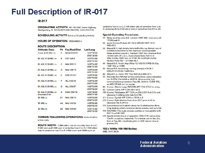 Full Description of IR-017 Federal Aviation Administration 8 Full Description of IR-017 Federal Aviation Administration 8