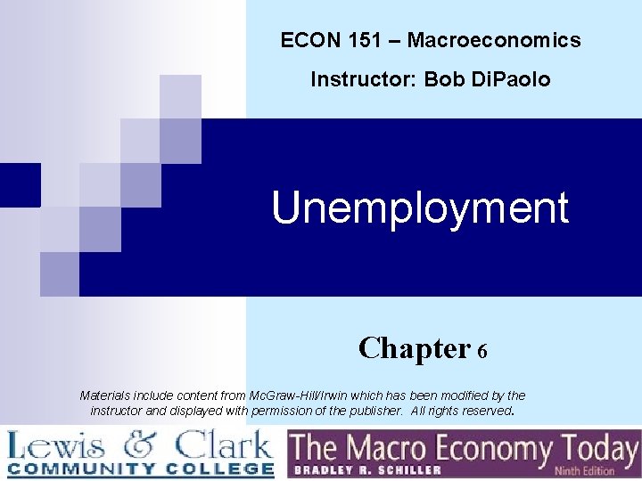 ECON 151 – Macroeconomics Instructor: Bob Di. Paolo Unemployment Chapter 6 Materials include content