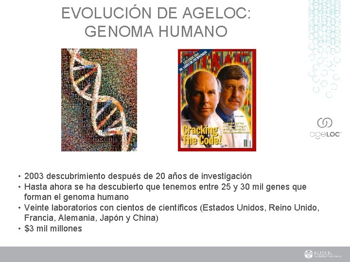 EVOLUCIÓN DE AGELOC: GENOMA HUMANO • 2003 descubrimiento después de 20 años de investigación