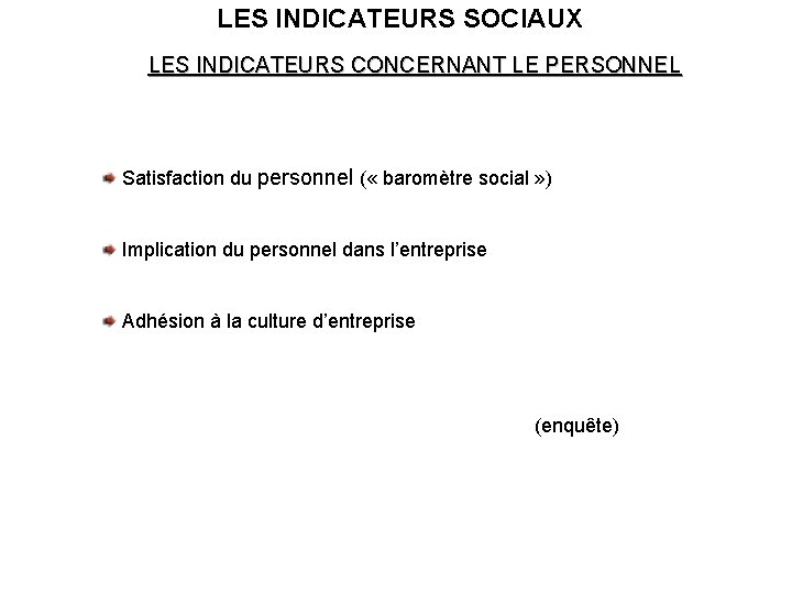 LES INDICATEURS SOCIAUX LES INDICATEURS CONCERNANT LE PERSONNEL Satisfaction du personnel ( « baromètre LES INDICATEURS SOCIAUX LES INDICATEURS CONCERNANT LE PERSONNEL Satisfaction du personnel ( « baromètre