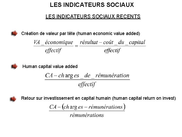 LES INDICATEURS SOCIAUX RECENTS Création de valeur par tête (human economic value added) Human LES INDICATEURS SOCIAUX RECENTS Création de valeur par tête (human economic value added) Human