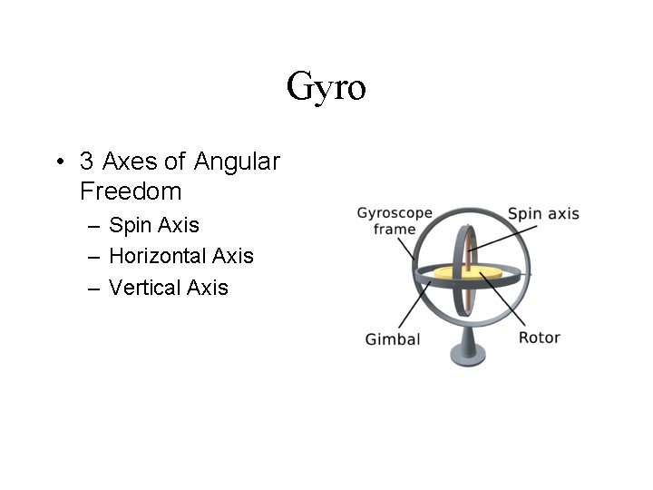 Gyro • 3 Axes of Angular Freedom – Spin Axis – Horizontal Axis –