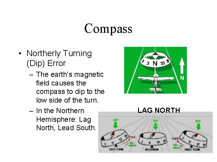 Compass • Northerly Turning (Dip) Error – The earth’s magnetic field causes the compass