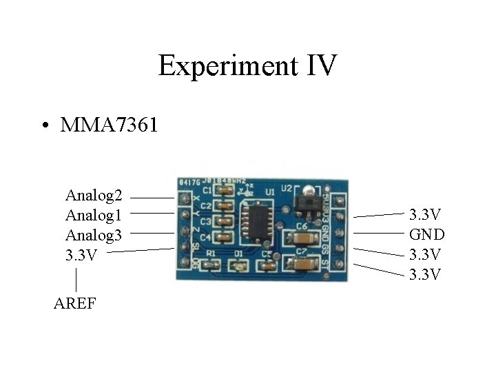 Experiment IV • MMA 7361 Analog 2 Analog 1 Analog 3 3. 3 V