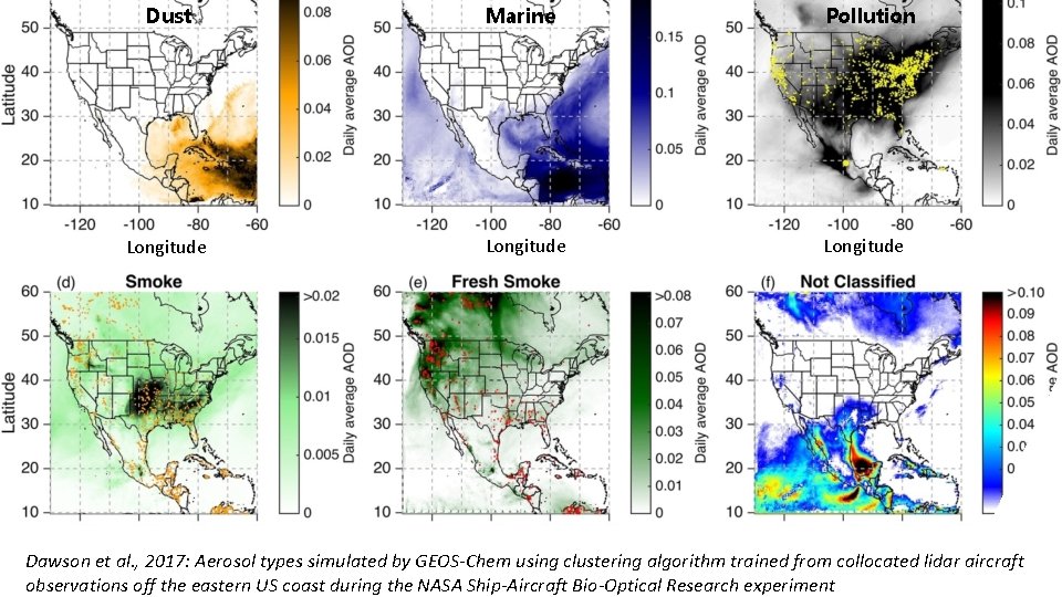 Dust Marine Pollution Longitude Dawson et al. , 2017: Aerosol types simulated by GEOS-Chem