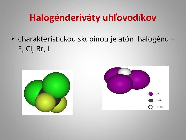 Halogénderiváty uhľovodíkov • charakteristickou skupinou je atóm halogénu – F, Cl, Br, I 