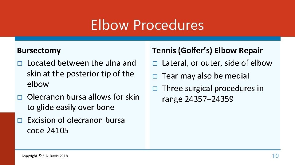 Elbow Procedures Bursectomy Located between the ulna and skin at the posterior tip of