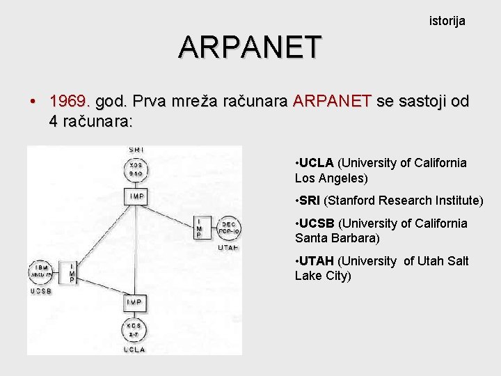 istorija ARPANET • 1969. god. Prva mreža računara ARPANET se sastoji od 4 računara: