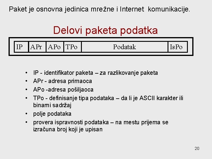 Paket je osnovna jedinica mrežne i Internet komunikacije. Delovi paketa podatka IP APr APo