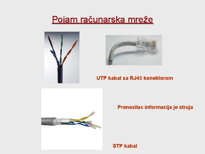Pojam računarska mreže UTP kabal sa RJ 45 konektorom Prenosilac informacija je struja STP