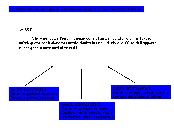 Lo stesso tipo di patologia può derivare da gruppi di cause (meccanismi) diverse SHOCK