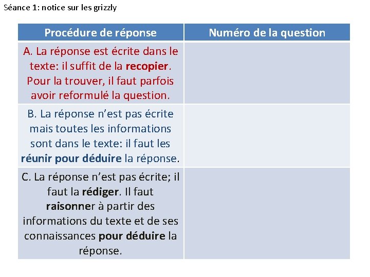 Séance 1: notice sur les grizzly Procédure de réponse A. La réponse est écrite