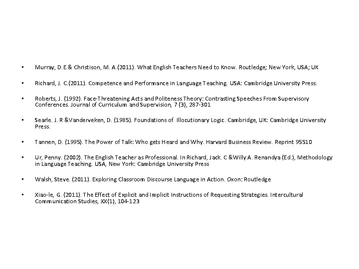  • Murray, D. E. & Christison, M. A. (2011). What English Teachers Need