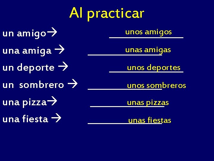 Al practicar un amigo una amiga un deporte un sombrero una pizza una fiesta