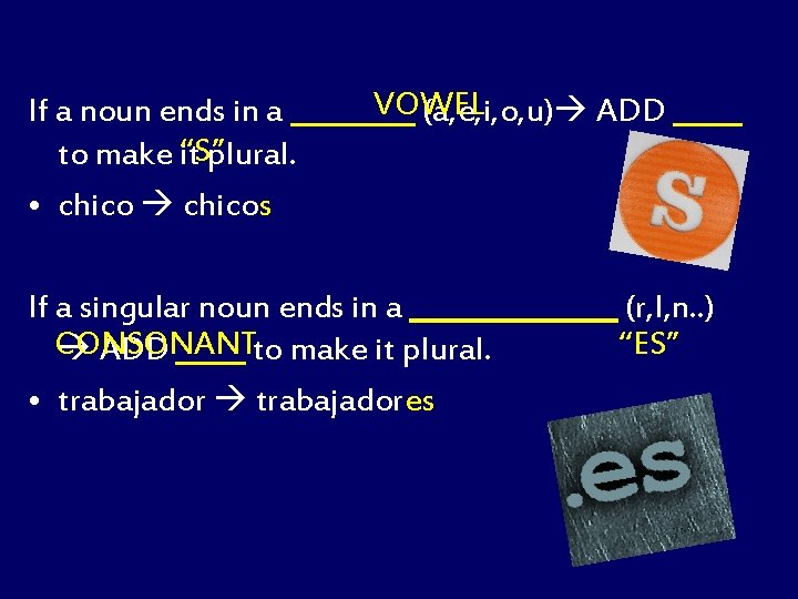 VOWEL If a noun ends in a _____ (a, e, i, o, u) ADD