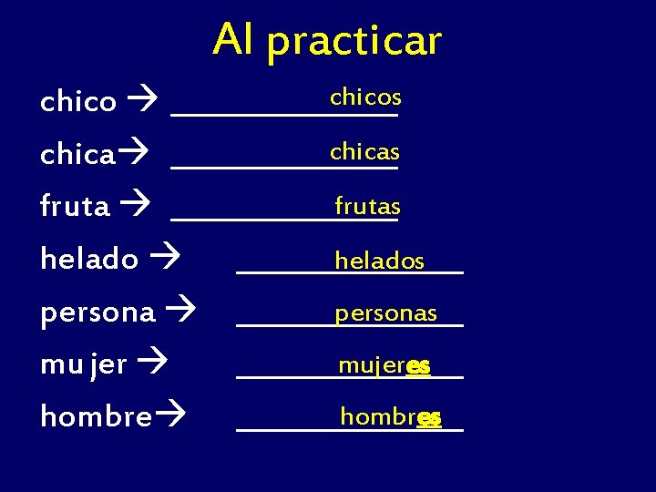 Al practicar chicos chico ________ chicas chica ________ frutas fruta ________________ helados persona ________