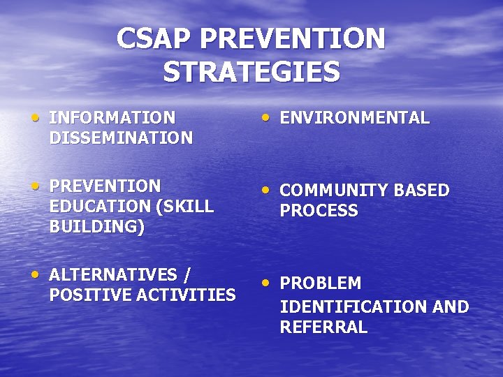 CSAP PREVENTION STRATEGIES • INFORMATION • ENVIRONMENTAL • PREVENTION • COMMUNITY BASED DISSEMINATION EDUCATION